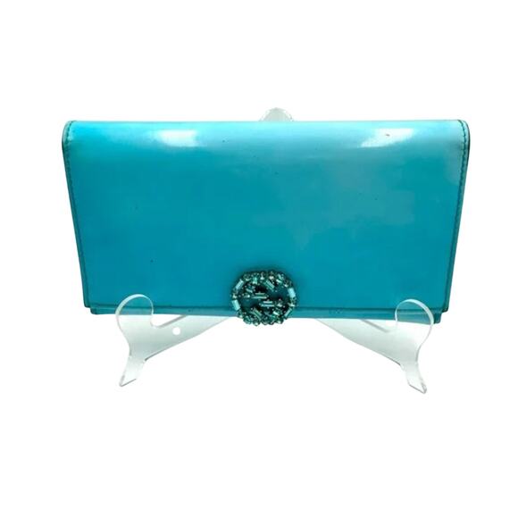 Gucci Light Blue Patent Leather Interlocking G Crystal Long Wallet - Picture 1 of 8